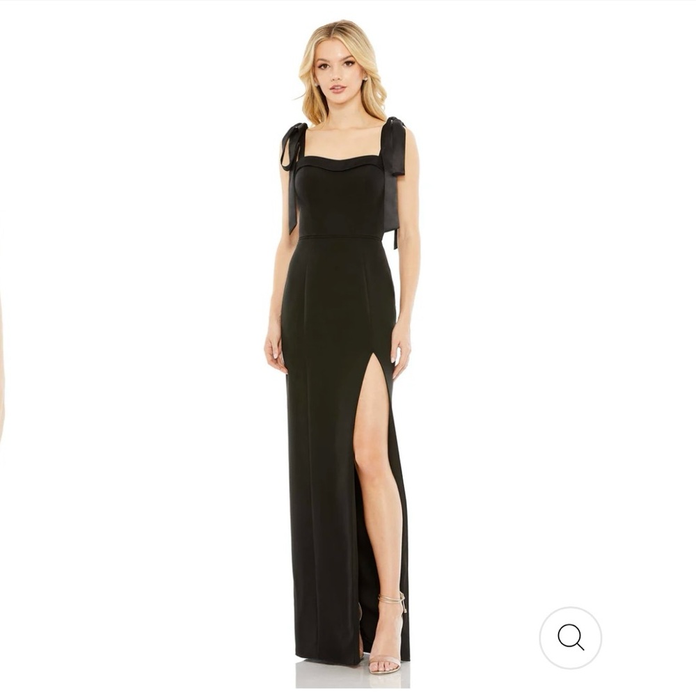 Mac Duggal Square Neck Tie Strap Slit Gown